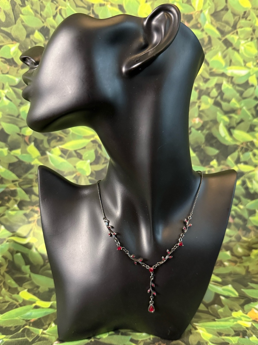 1928 Red Crystal Gunmetal Vine Y-Style Necklace